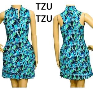 TZU TZU Activewear Dress Blue Abstract Circles Pleated Pockets Sz S Made/US